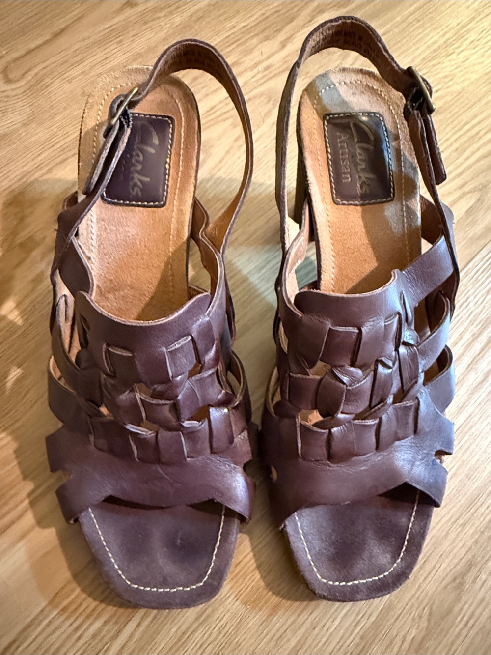 Clarks Artisan Brown Leather Woven Slingback Sandals